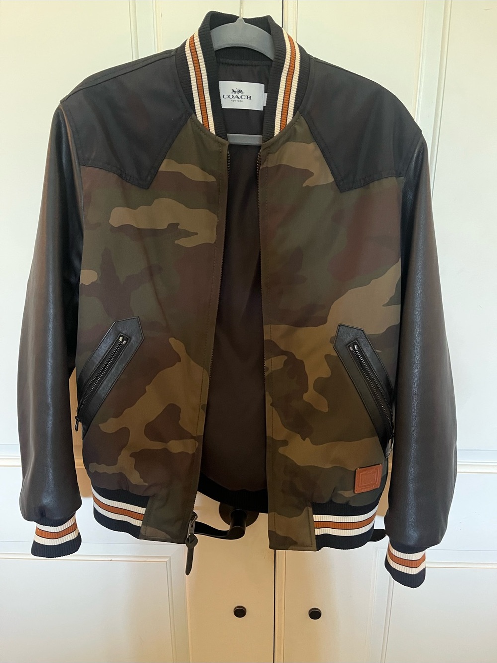 Coach Men’s Camo Bomber Jacket with Black Leather Sleeves